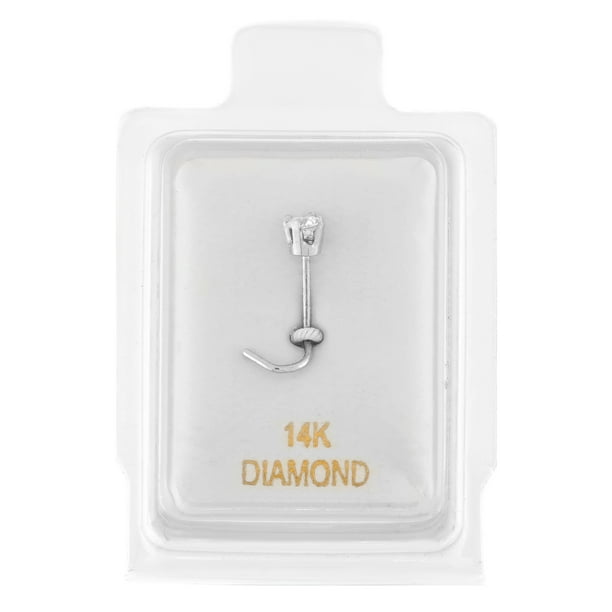24KT White Gold Screw LBend Nose Bone Stud Ring Genuine Diamond 22G 20G 18G